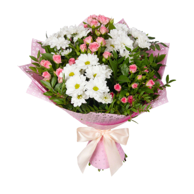 Букет «Волшебный сад» – гармония кустовых роз и белоснежных хризантем Цивильск Чувашская Республика