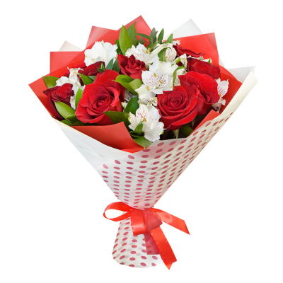 Букет из красных роз и белоснежных альстромерий – гармония страсти и нежности Цивильск Чувашская Республика