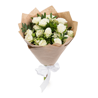 Изысканный букет из 5 белых кустовых роз с фисташковой зеленью Цивильск Чувашская Республика