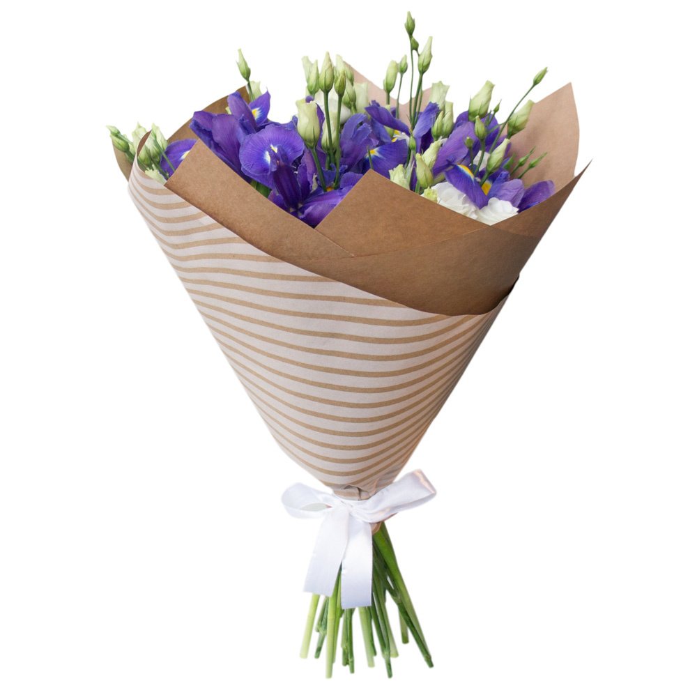 Изысканный букет из синих ирисов и белых эустом – гармония утонченности Цивильск Чувашская Республика