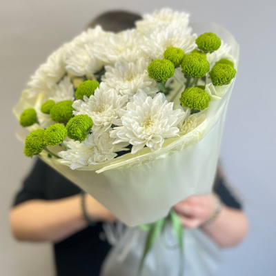 Эксклюзивный букет «Филин Грин» – сочетание белых и зеленых хризантем Цивильск Чувашская Республика