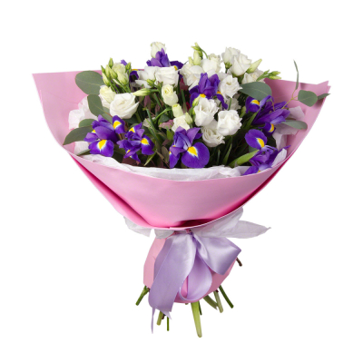 Букет «Подарок» – элегантная композиция из ирисов, эустом и эвкалипта Цивильск Чувашская Республика