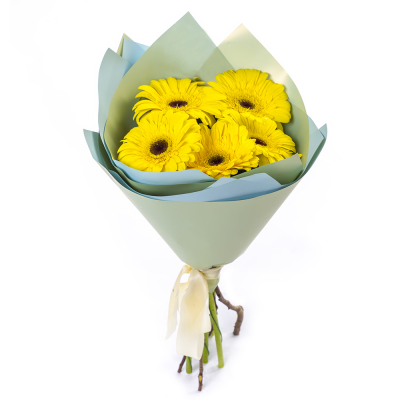Яркий букет из 5 жёлтых гербер – как кусочек солнца в ваших руках Цивильск Чувашская Республика