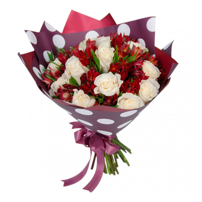 Букет из белых роз и красных альстромерий – гармония страсти и чистоты Цивильск Чувашская Республика