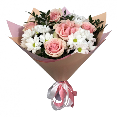 Букет из розовых роз и хризантем – нежность и долговечность Цивильск Чувашская Республика
