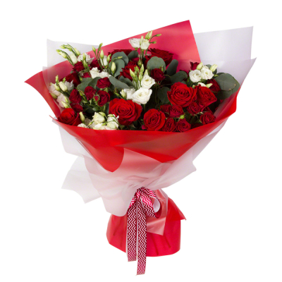 Контрастный букет «Рандеву» – красные розы и белые эустомы Цивильск Чувашская Республика