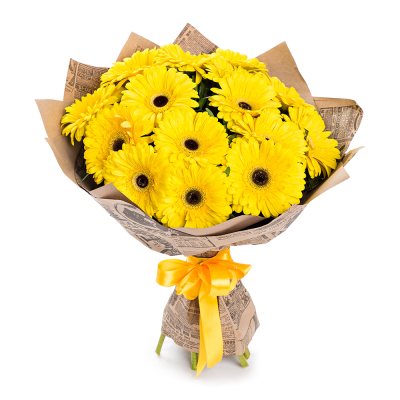 Пышный букет из 15 жёлтых гербер – как луч солнца в ваших руках Цивильск Чувашская Республика